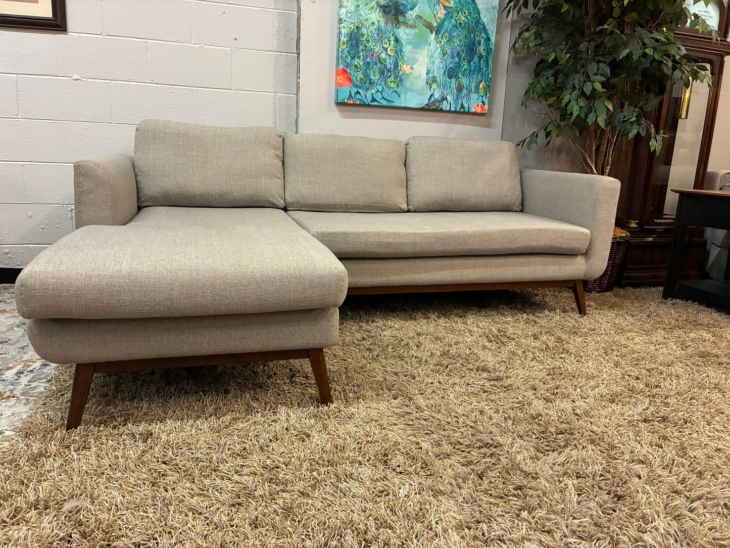 Mid-Century Modern Sectional Chaise + Matching Storage Ottoman Set