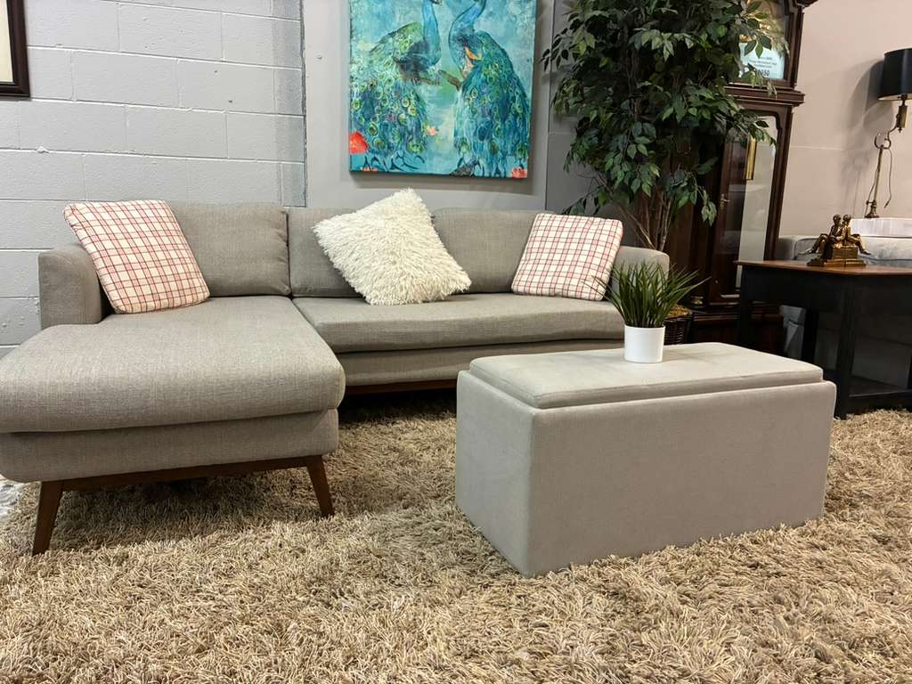Mid-Century Modern Sectional Chaise + Matching Storage Ottoman Set