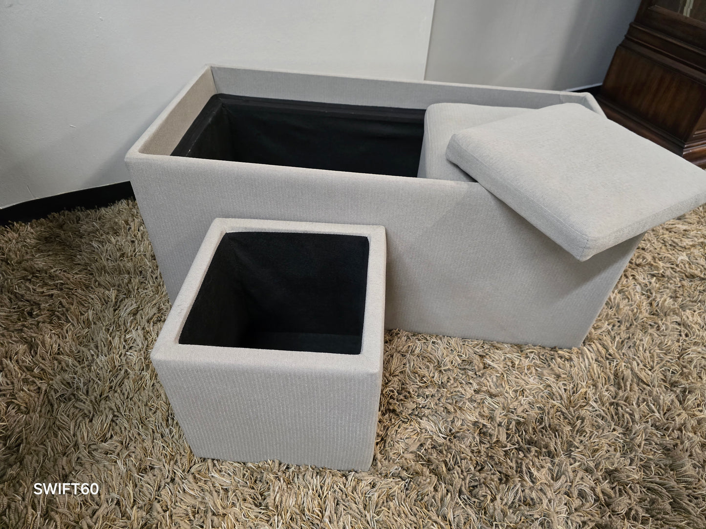 Reversible Coffee Table with Dual Tray Top & Two Hidden Cube Ottomans