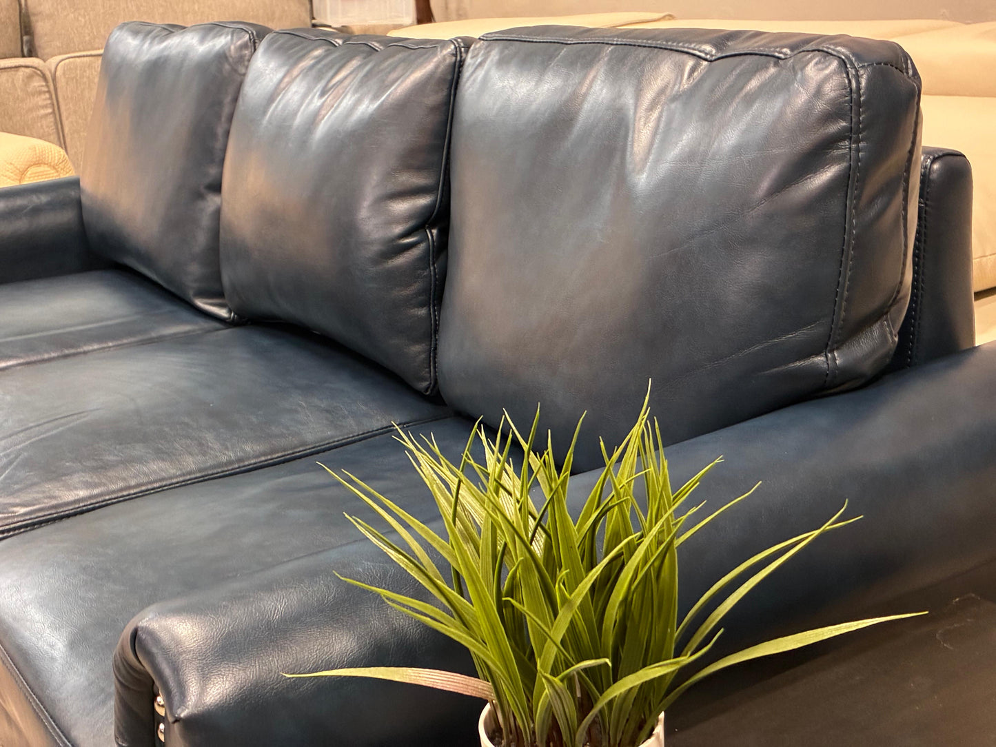 Navy Faux Leather Sofa – Nailhead Trim + Storage