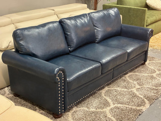 Navy Faux Leather Sofa – Nailhead Trim + Storage