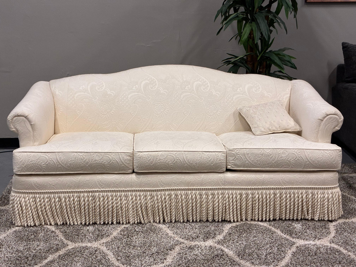 C.R. Laine Designer Sofa – Cream Damask with Decorative Fringe