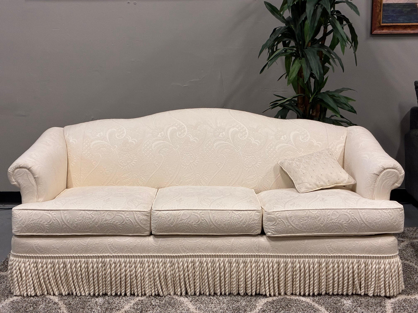 C.R. Laine Designer Sofa – Cream Damask with Decorative Fringe