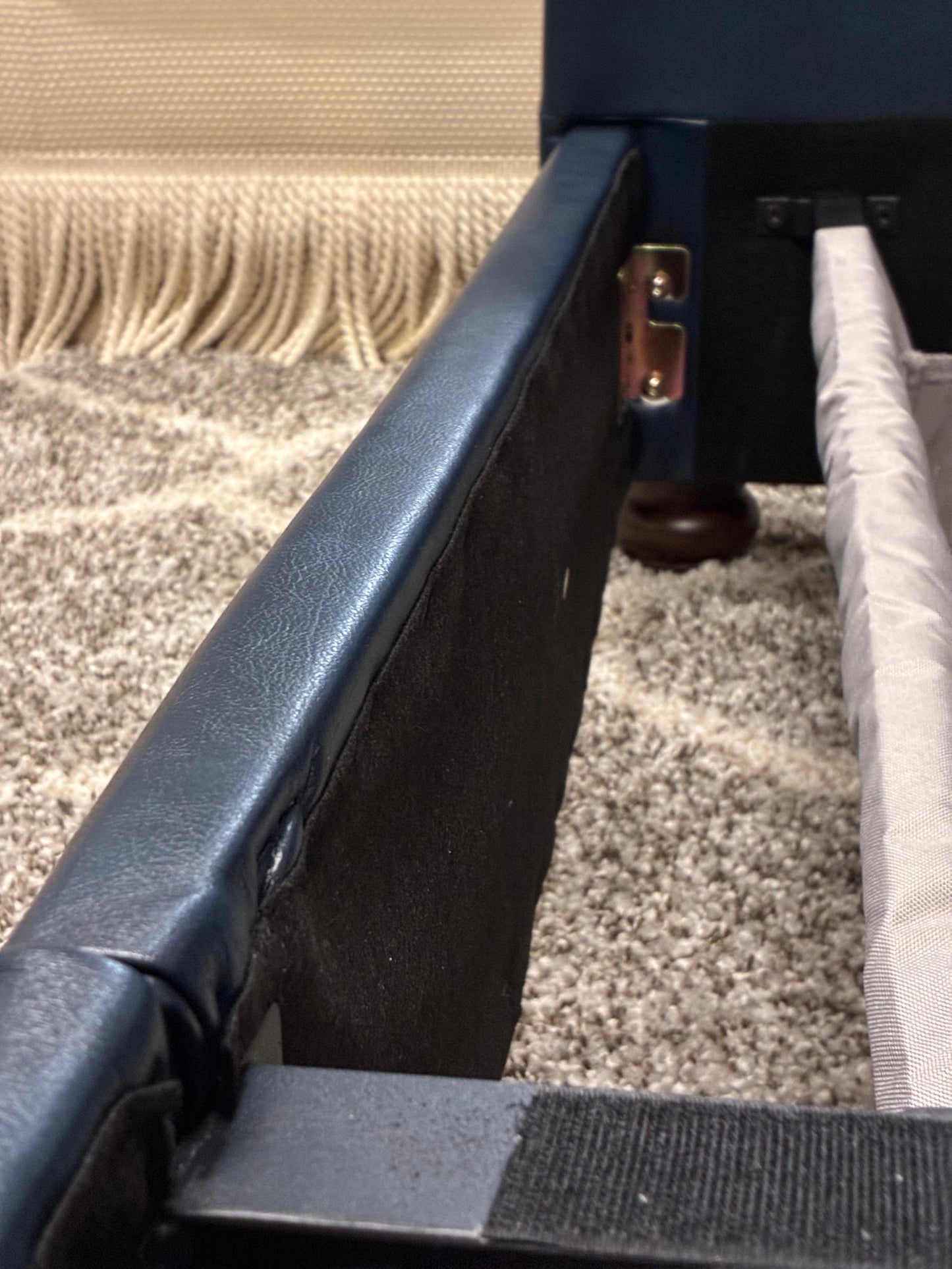 Navy Faux Leather Sofa – Nailhead Trim + Storage