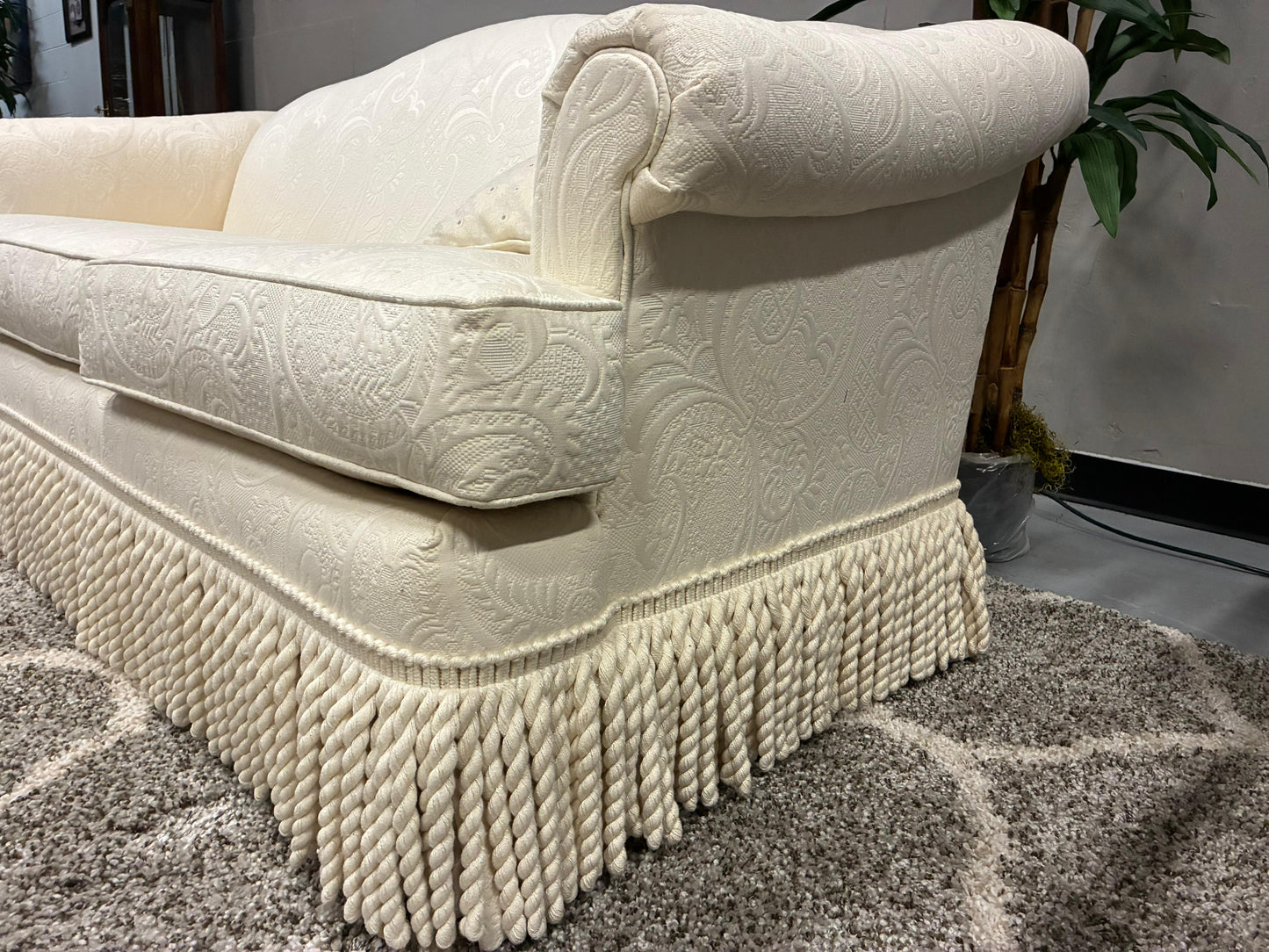 C.R. Laine Designer Sofa – Cream Damask with Decorative Fringe
