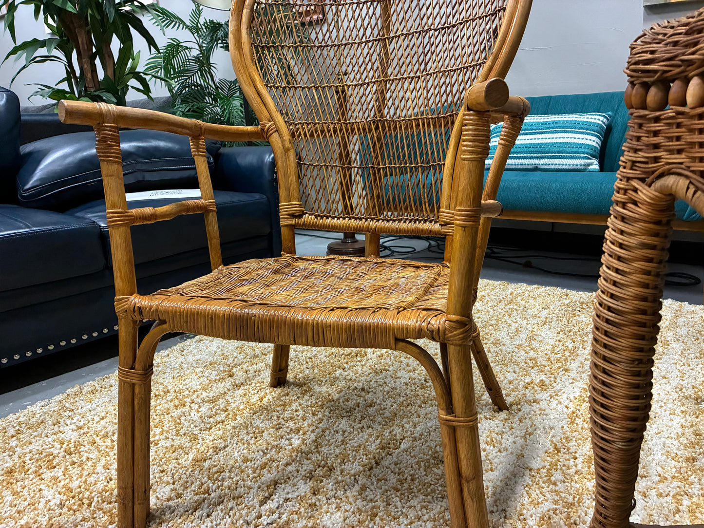 Boho Vintage Rattan Chair + Matching Wicker Accent Table