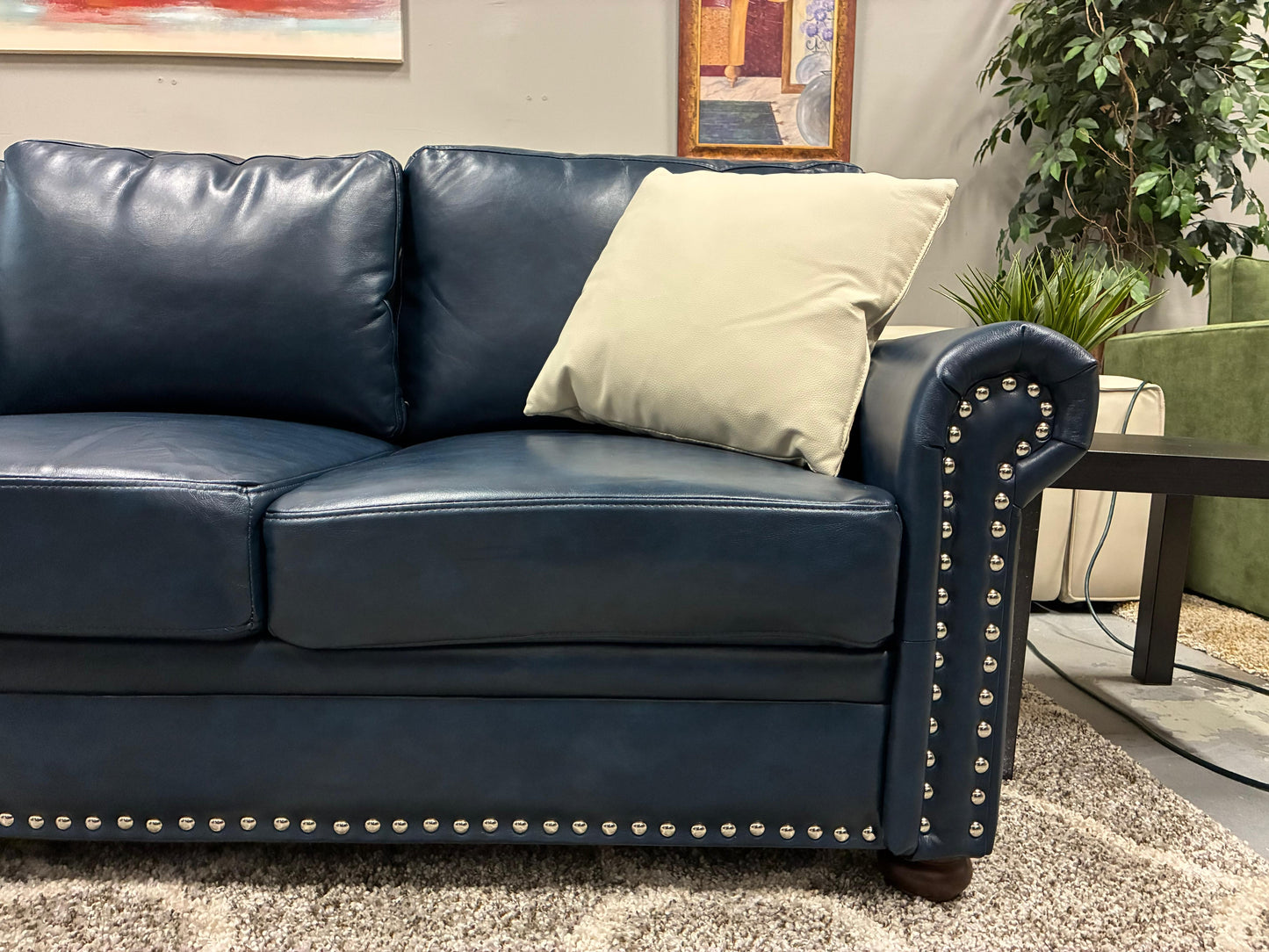 Navy Faux Leather Sofa – Nailhead Trim + Storage