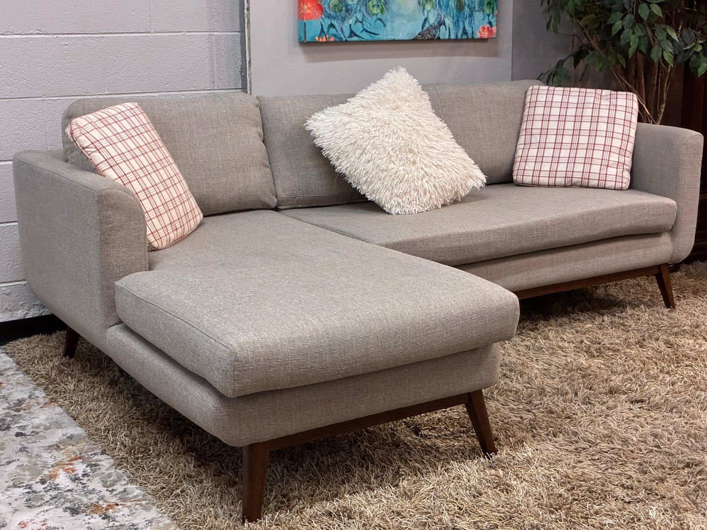 Mid-Century Modern Sectional Chaise + Matching Storage Ottoman Set