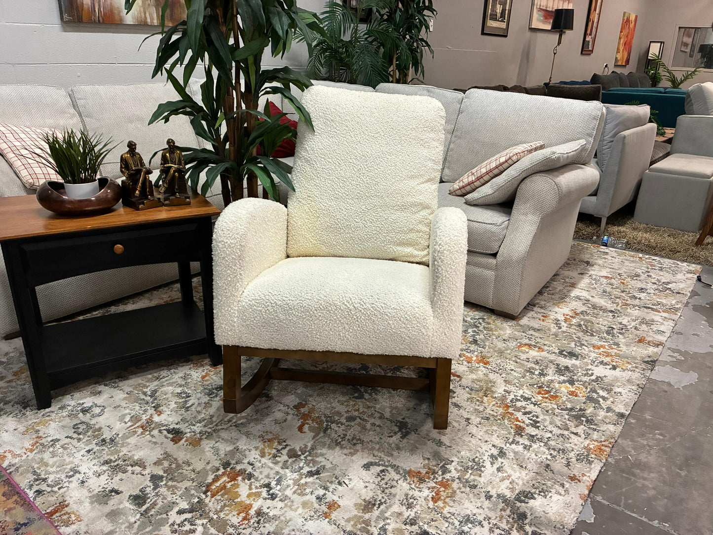 Modern Bouclé Rocking Chair – Walnut Base | Soft & Stylish