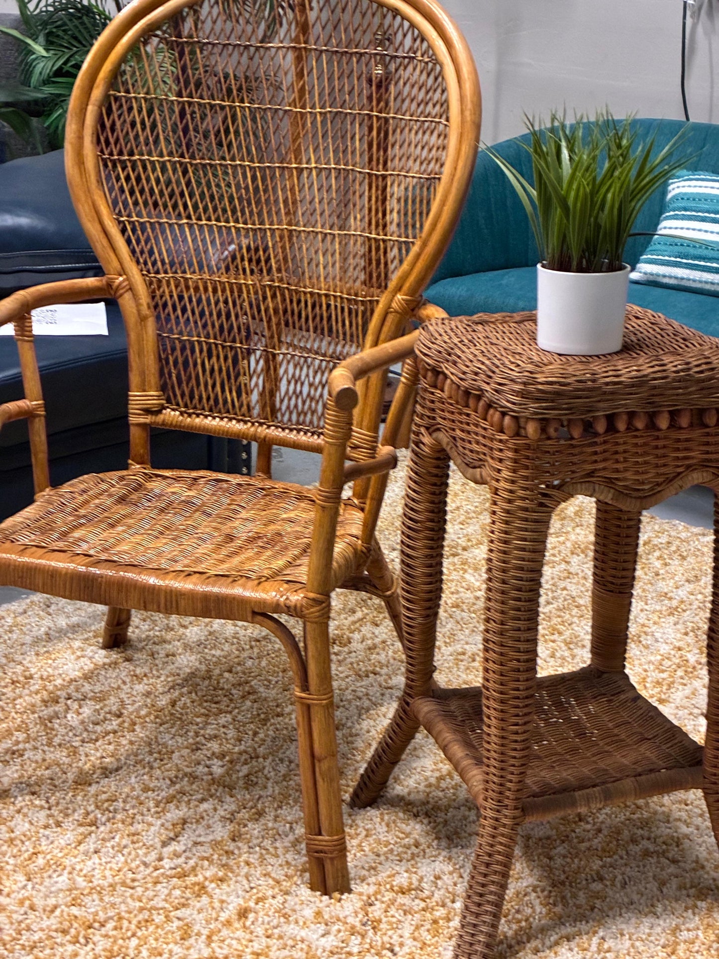 Boho Vintage Rattan Chair + Matching Wicker Accent Table