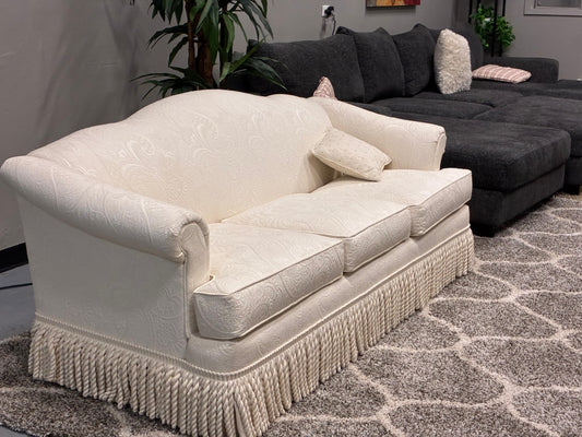 C.R. Laine Designer Sofa – Cream Damask with Decorative Fringe