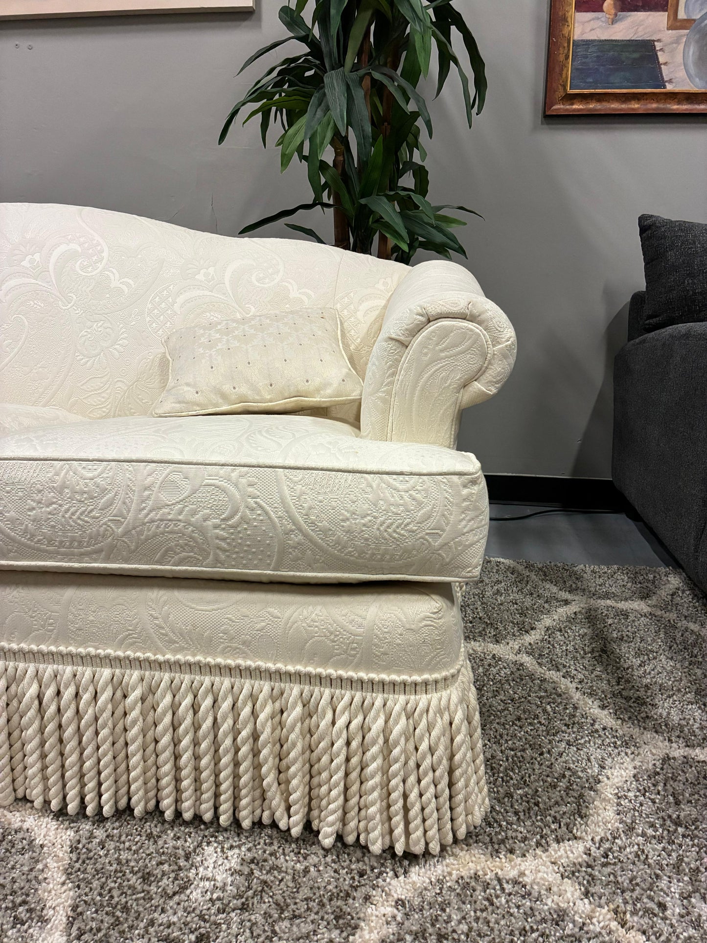 C.R. Laine Designer Sofa – Cream Damask with Decorative Fringe