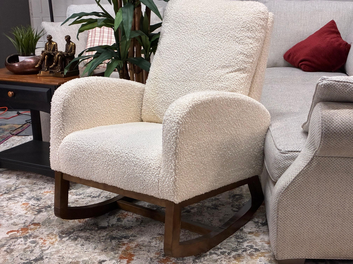 Modern Bouclé Rocking Chair – Walnut Base | Soft & Stylish