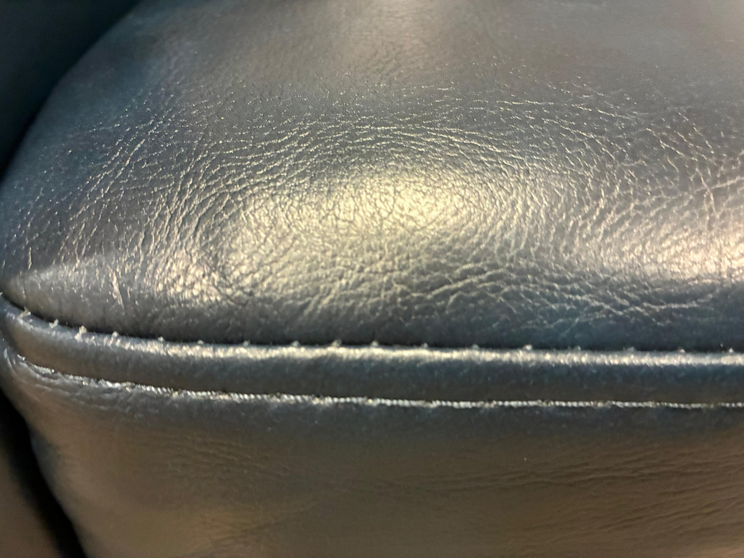 Navy Faux Leather Sofa – Nailhead Trim + Storage