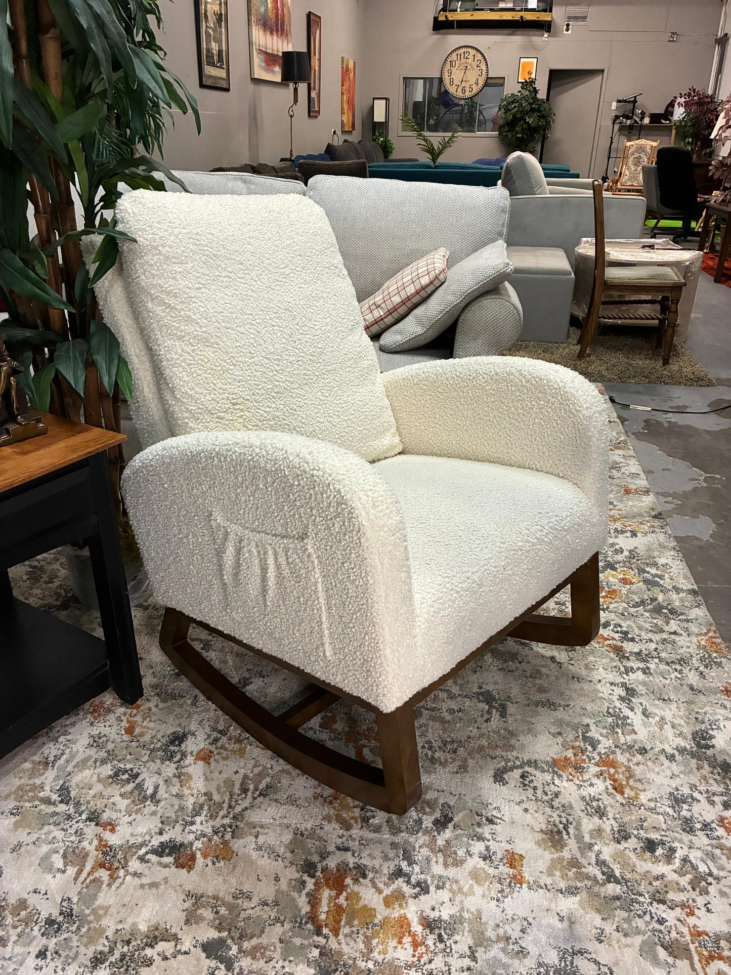 Modern Bouclé Rocking Chair – Walnut Base | Soft & Stylish