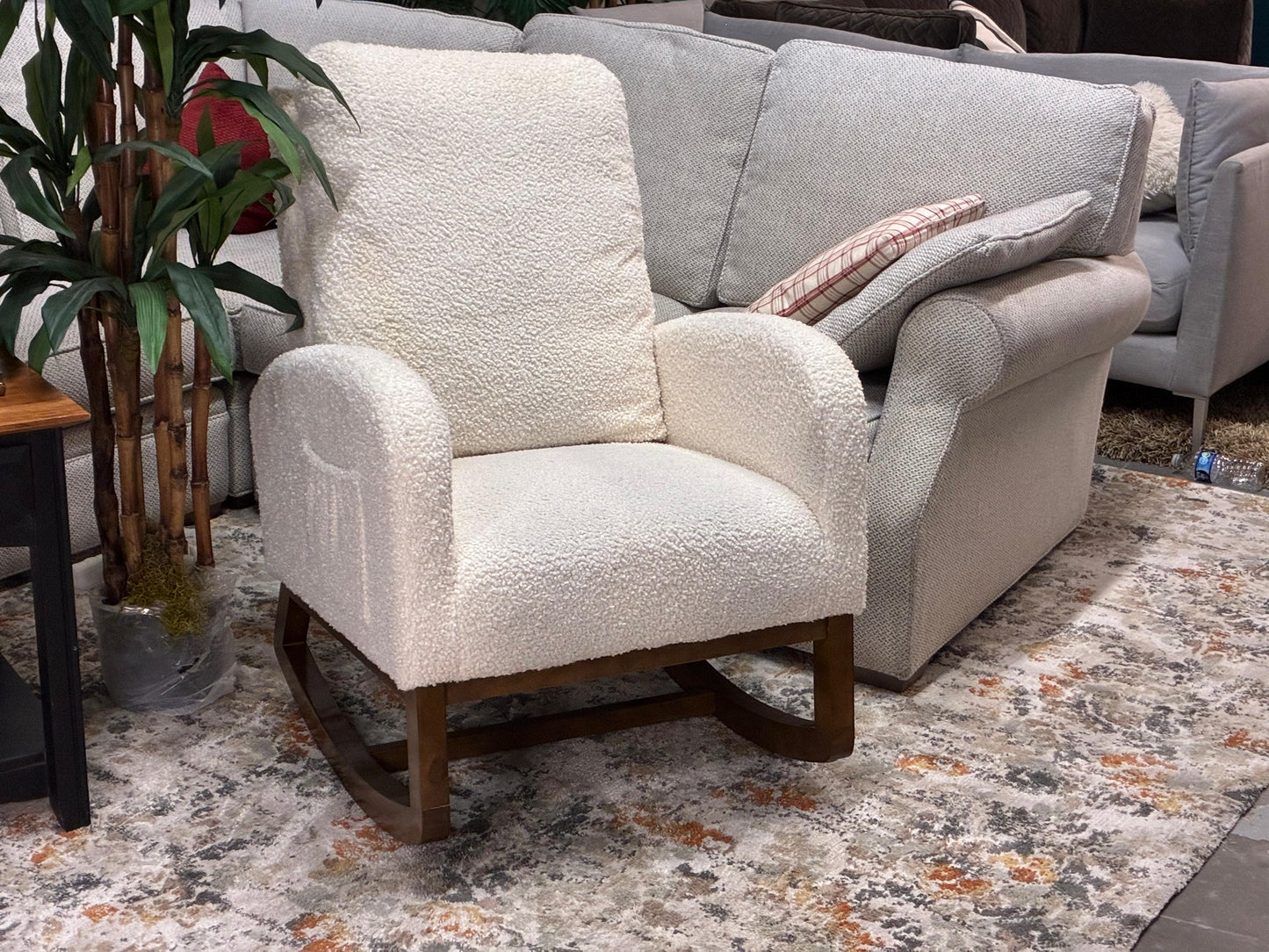 Modern Bouclé Rocking Chair – Walnut Base | Soft & Stylish