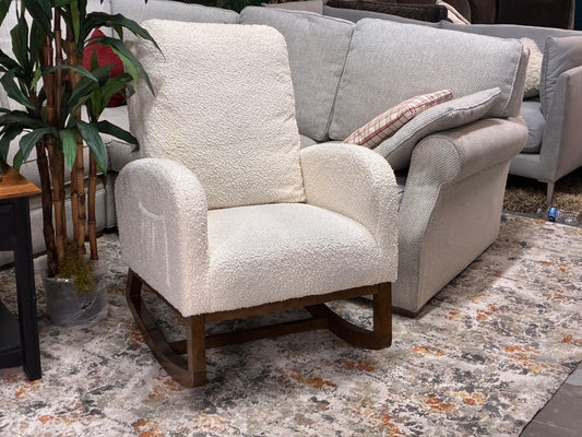 Modern Bouclé Rocking Chair – Walnut Base | Soft & Stylish