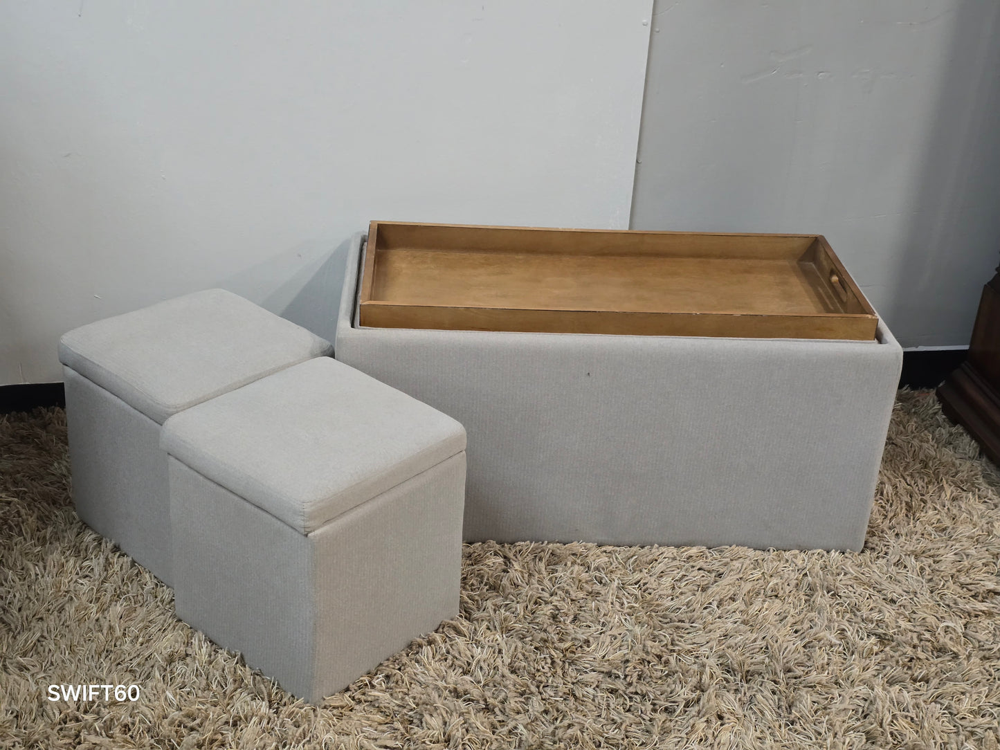 Reversible Coffee Table with Dual Tray Top & Two Hidden Cube Ottomans