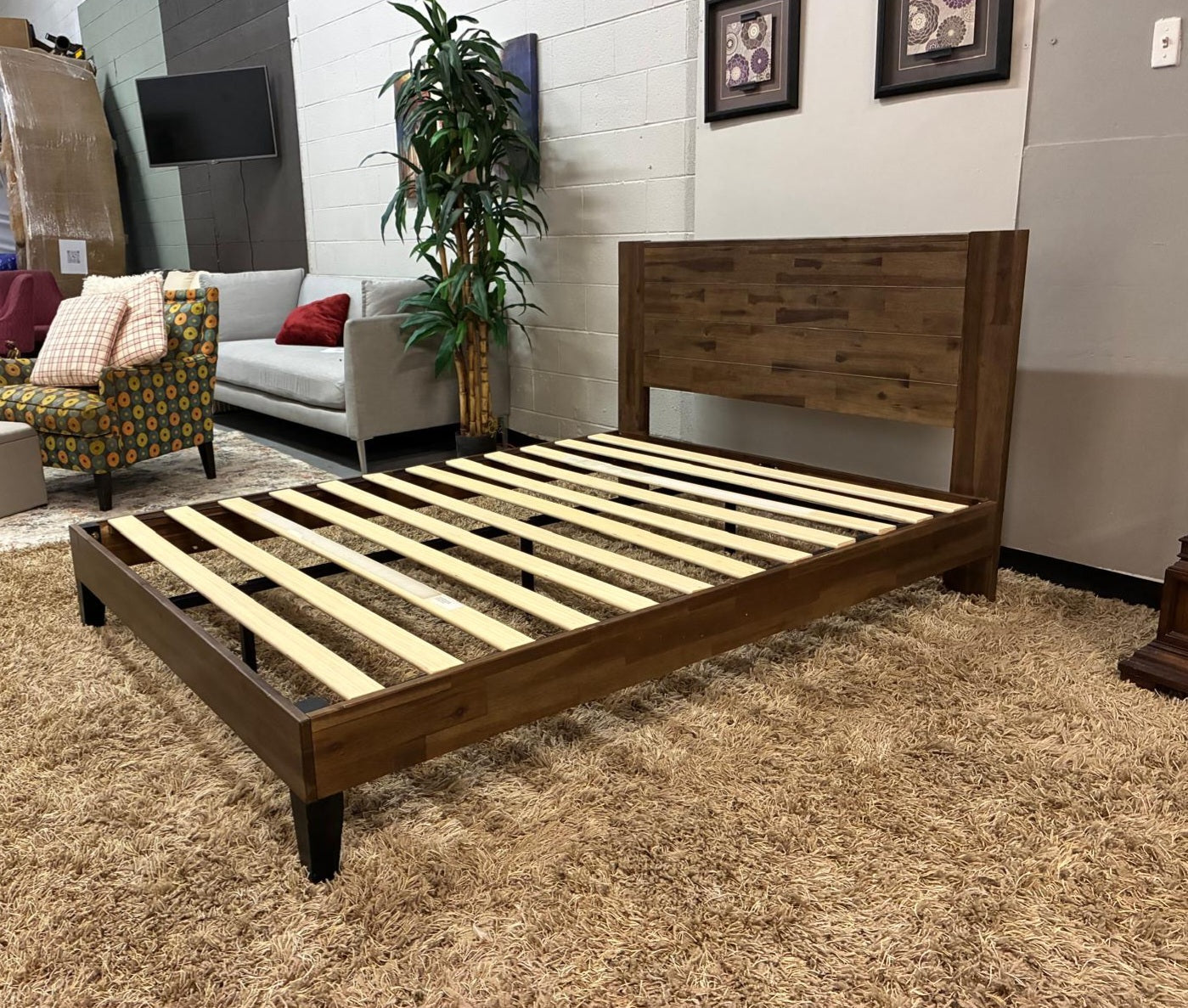 Queen Platform Bed Frame – Solid Wood with Walnut Acacia Finish