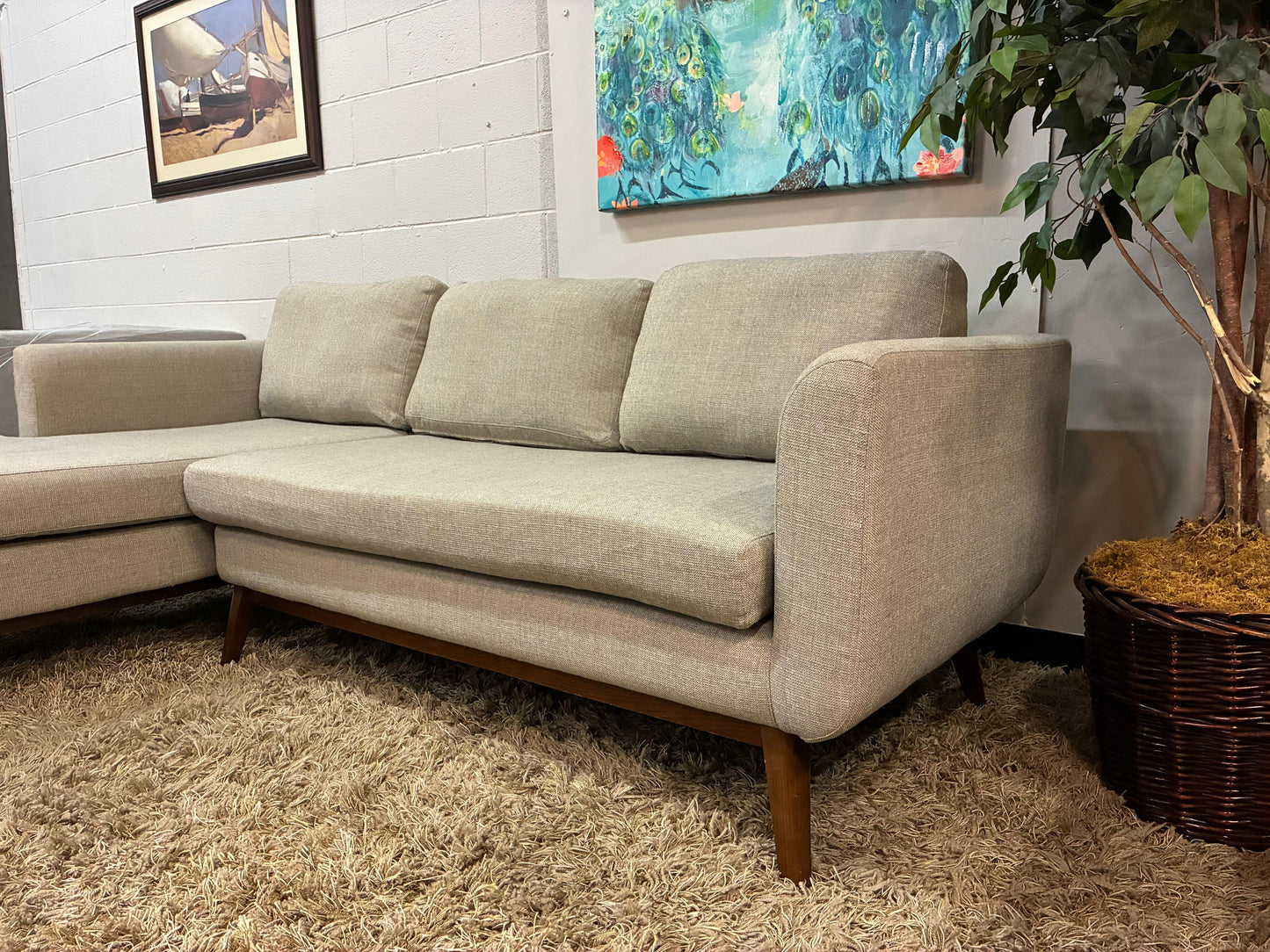Mid-Century Modern Sectional Chaise + Matching Storage Ottoman Set