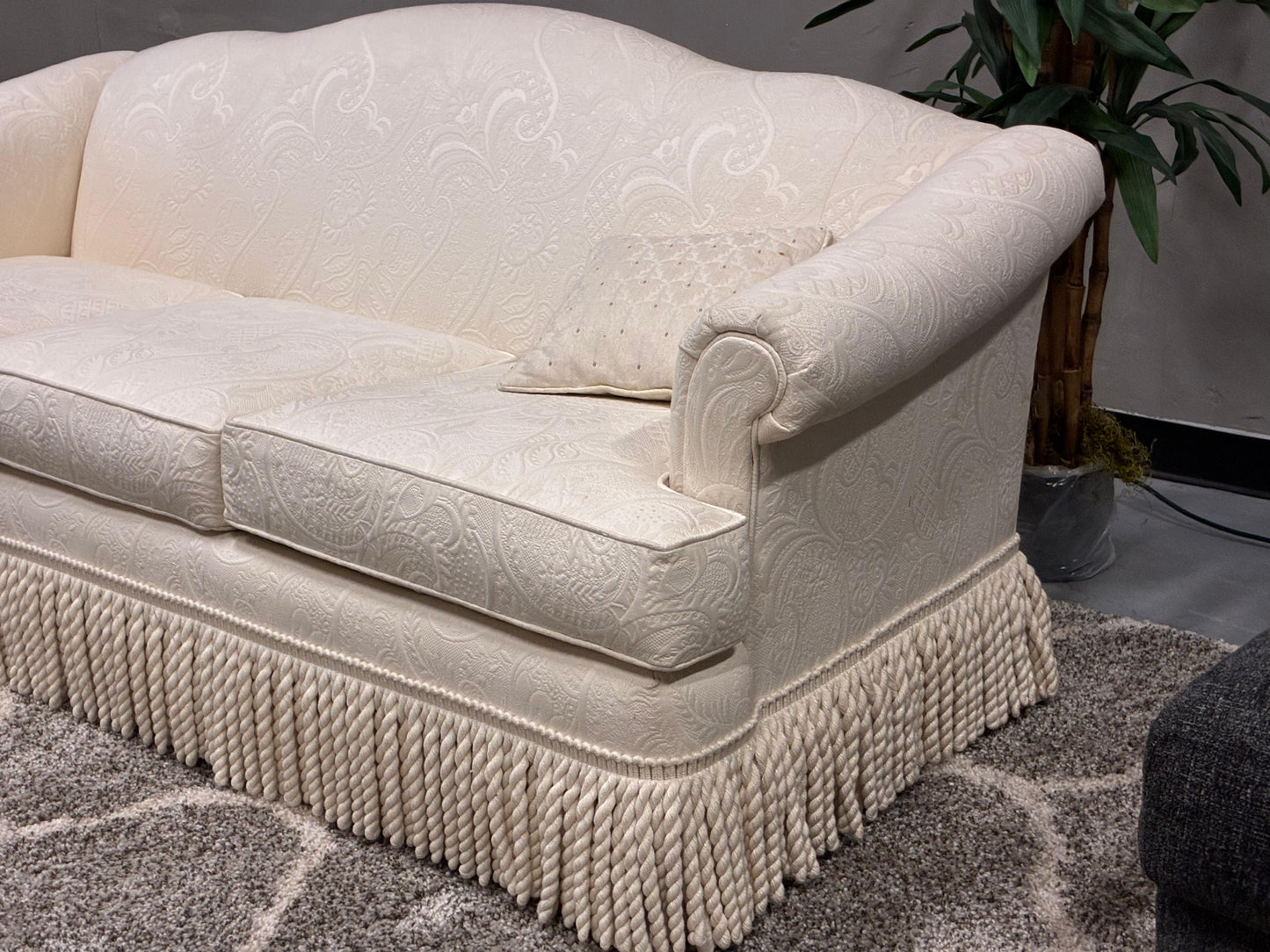 C.R. Laine Designer Sofa – Cream Damask with Decorative Fringe