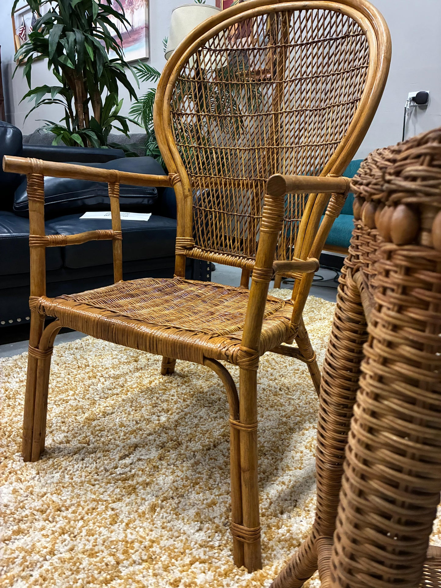 Boho Vintage Rattan Chair + Matching Wicker Accent Table