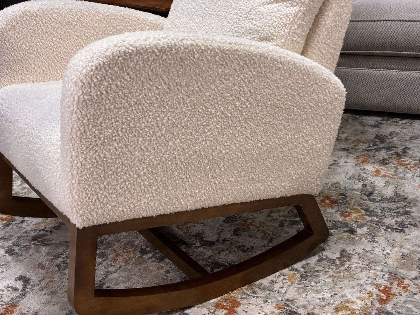 Modern Bouclé Rocking Chair – Walnut Base | Soft & Stylish