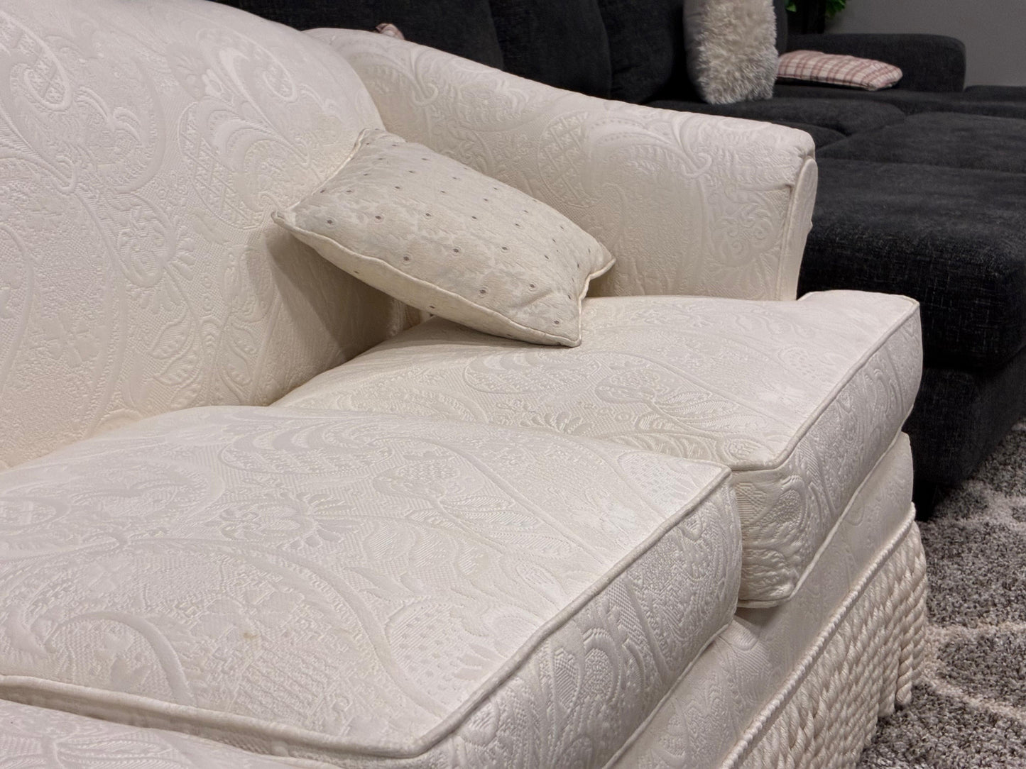 C.R. Laine Designer Sofa – Cream Damask with Decorative Fringe