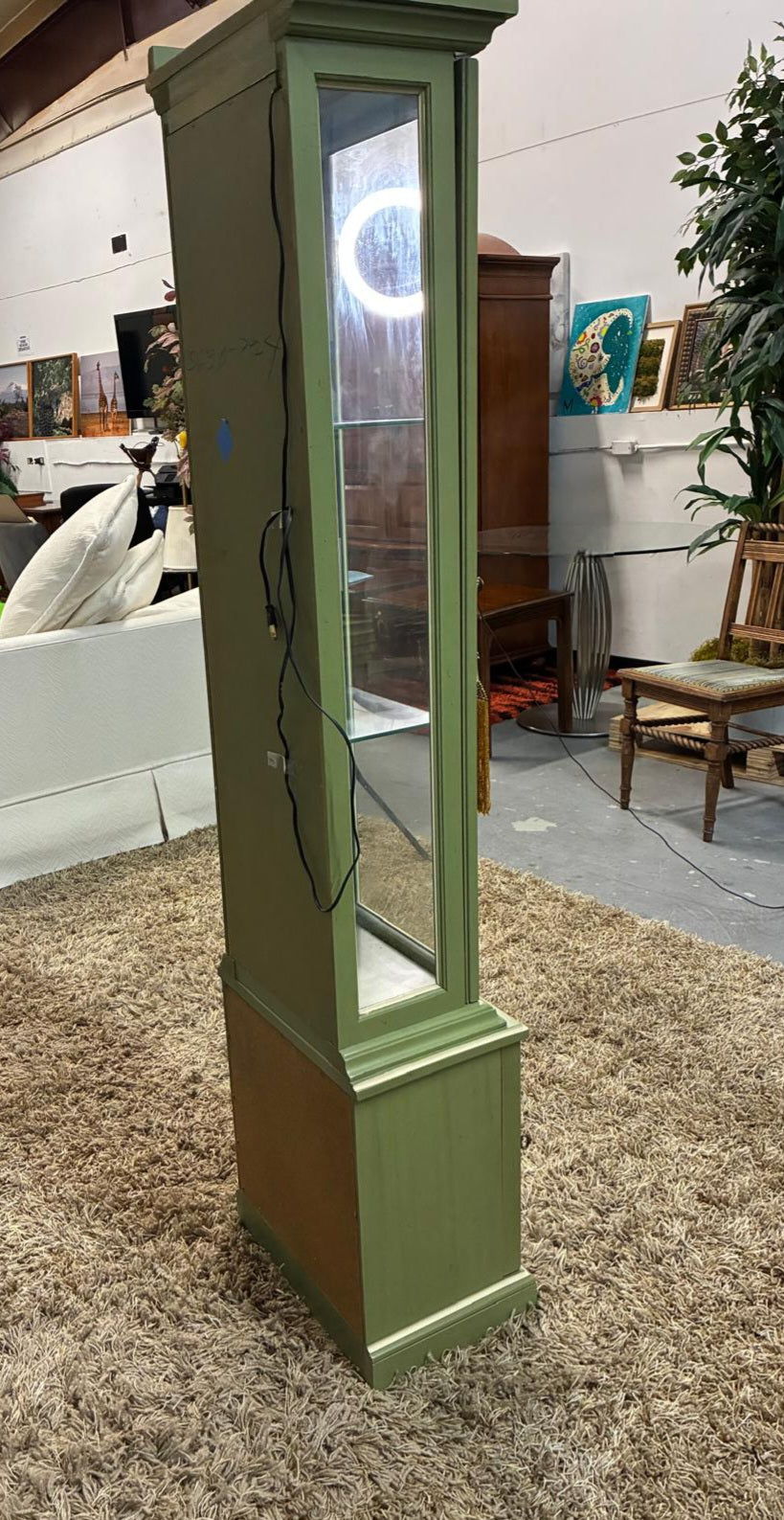 Sage Green Glass Display Cabinet with Interior Light