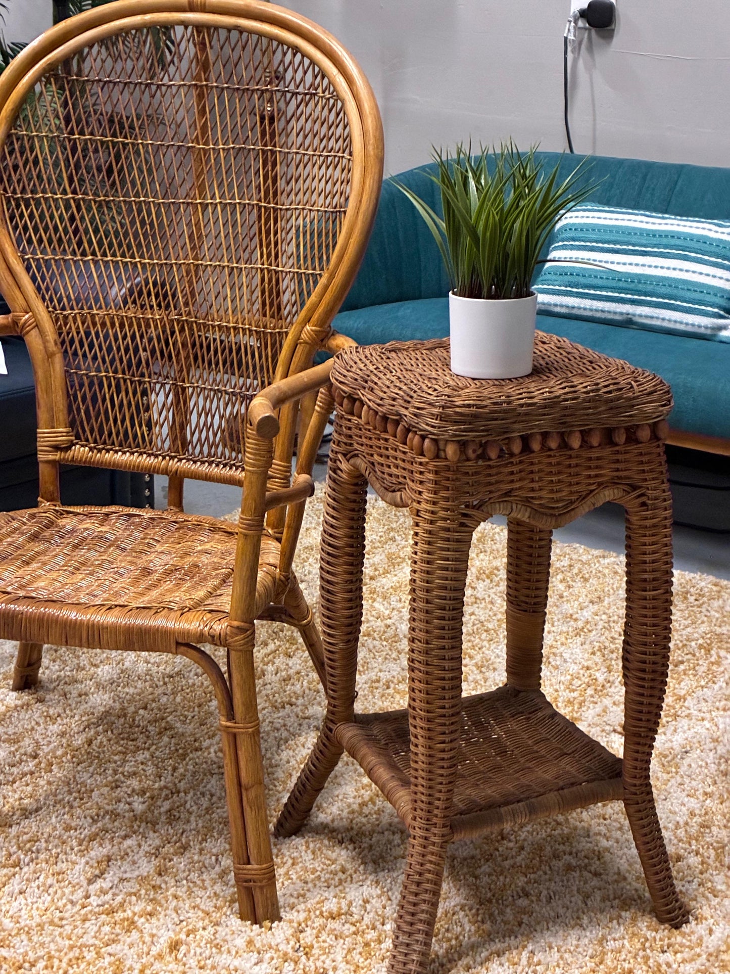 Boho Vintage Rattan Chair + Matching Wicker Accent Table