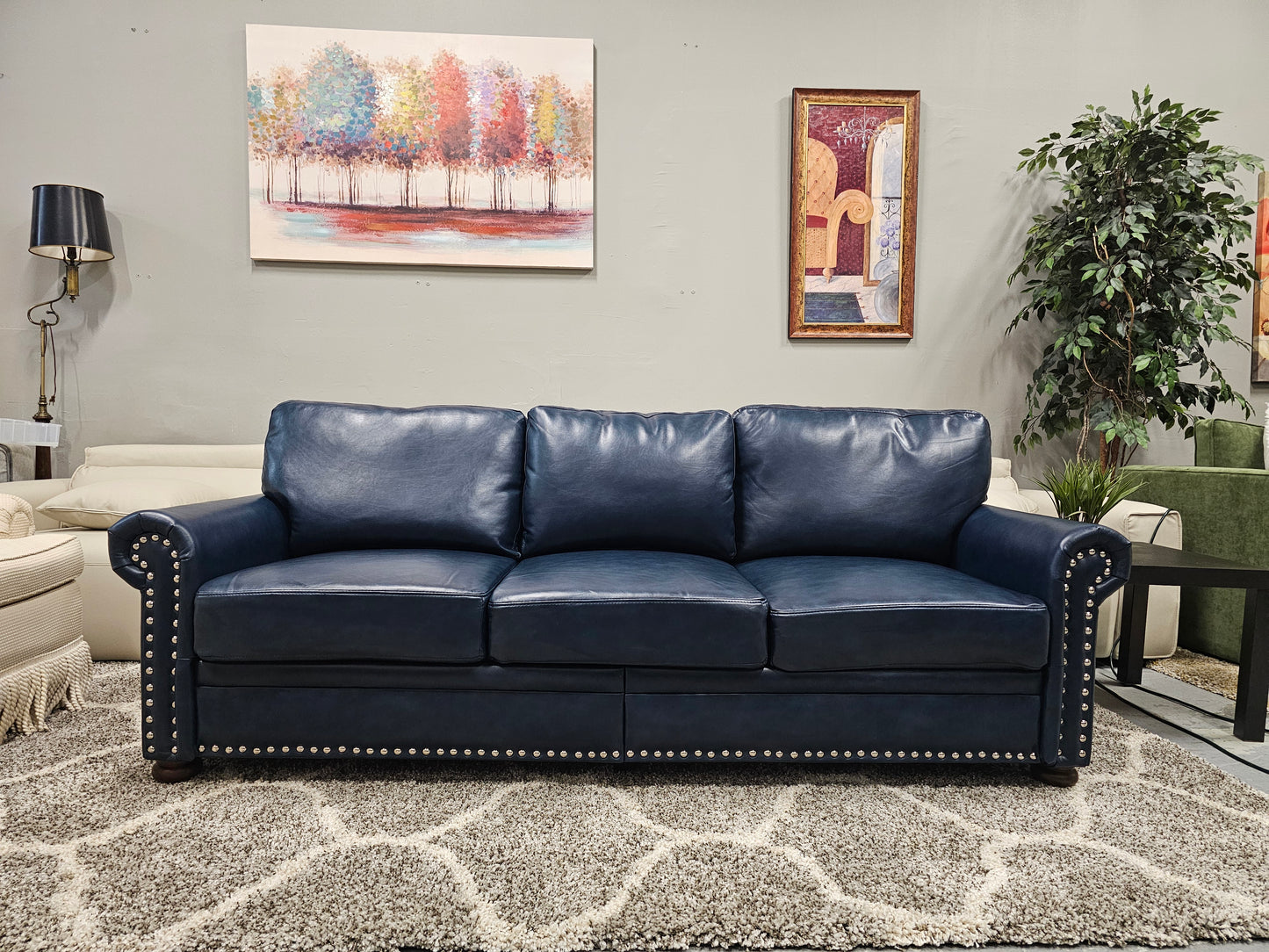 Navy Faux Leather Sofa – Nailhead Trim + Storage