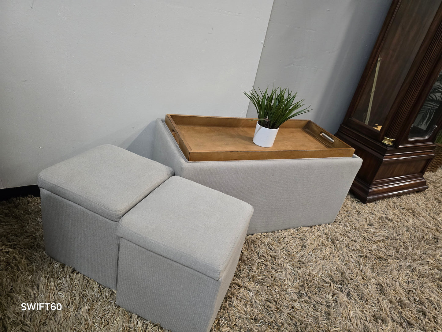 Reversible Coffee Table with Dual Tray Top & Two Hidden Cube Ottomans