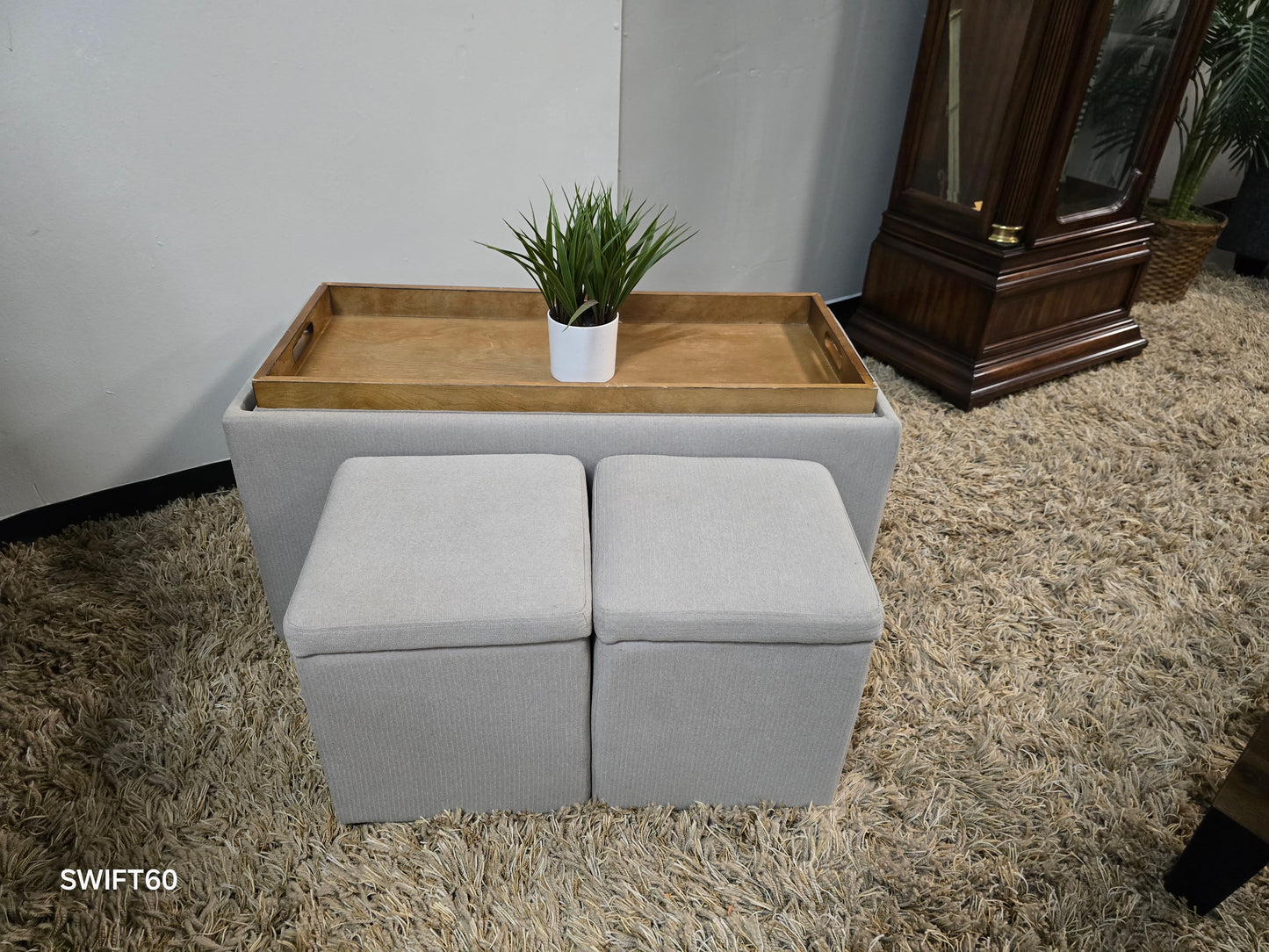 Reversible Coffee Table with Dual Tray Top & Two Hidden Cube Ottomans