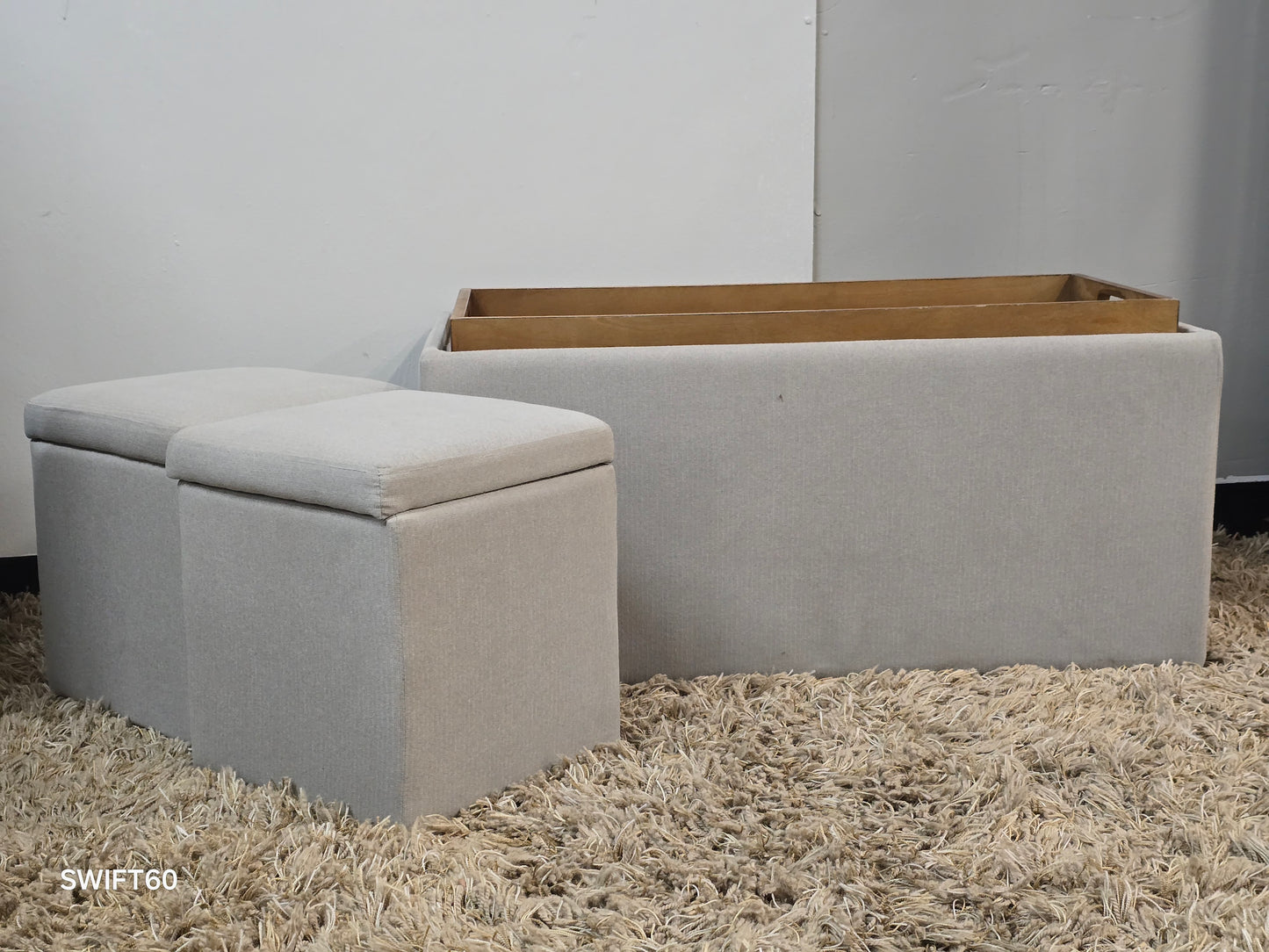 Reversible Coffee Table with Dual Tray Top & Two Hidden Cube Ottomans