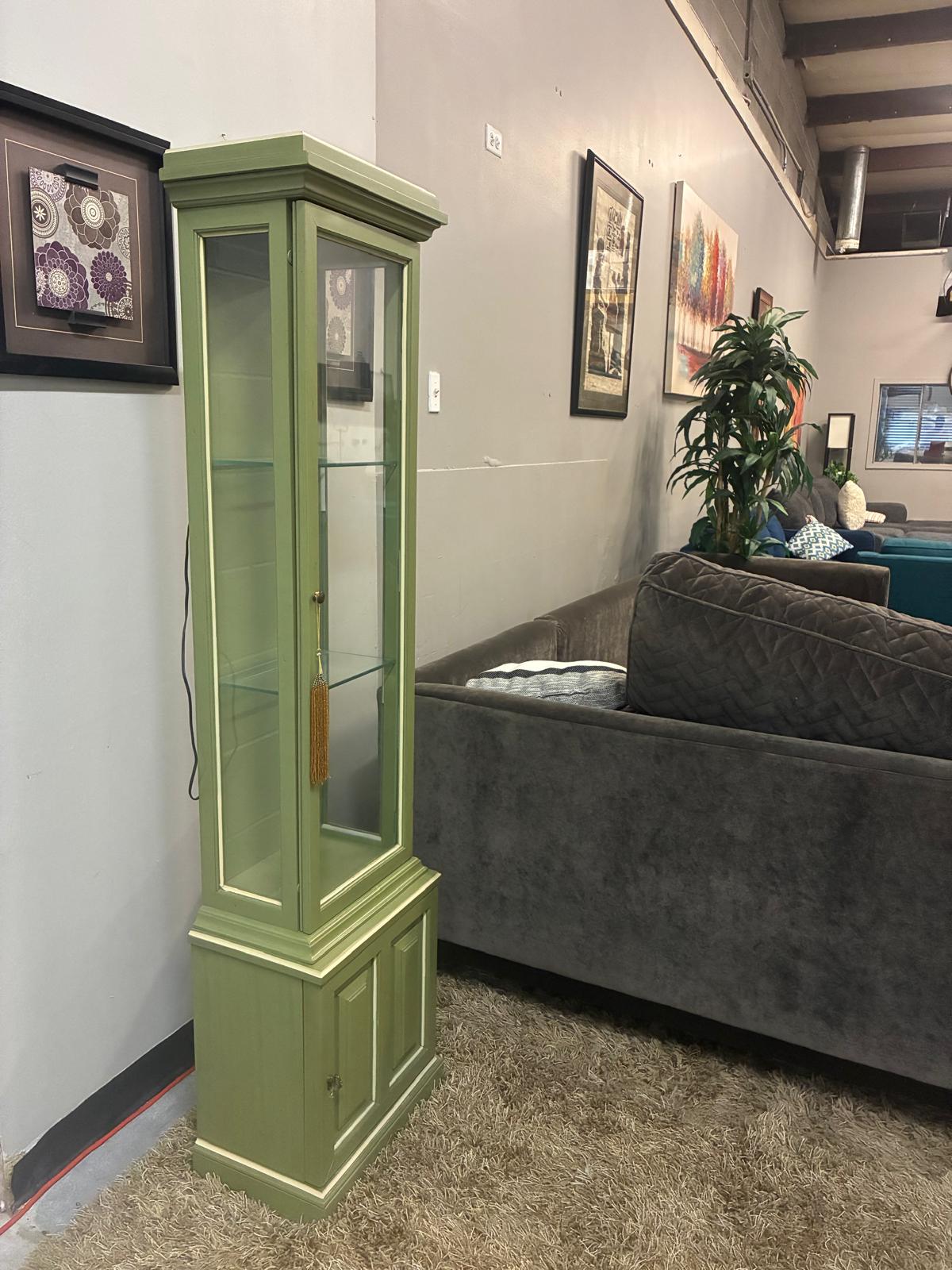 Sage Green Glass Display Cabinet with Interior Light