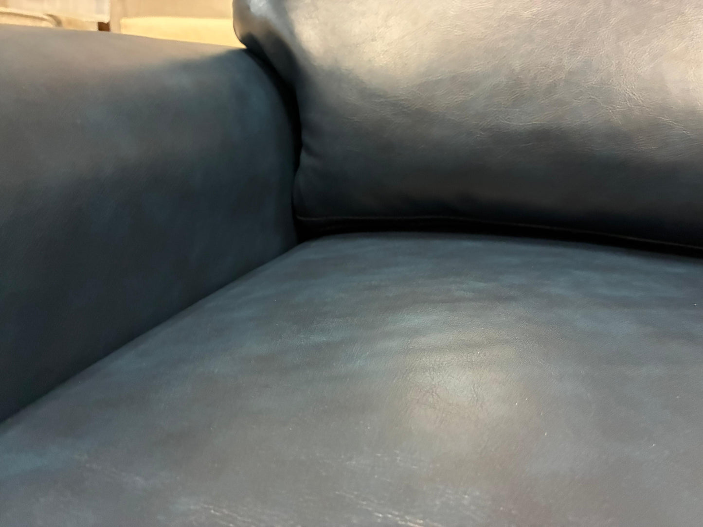 Navy Faux Leather Sofa – Nailhead Trim + Storage