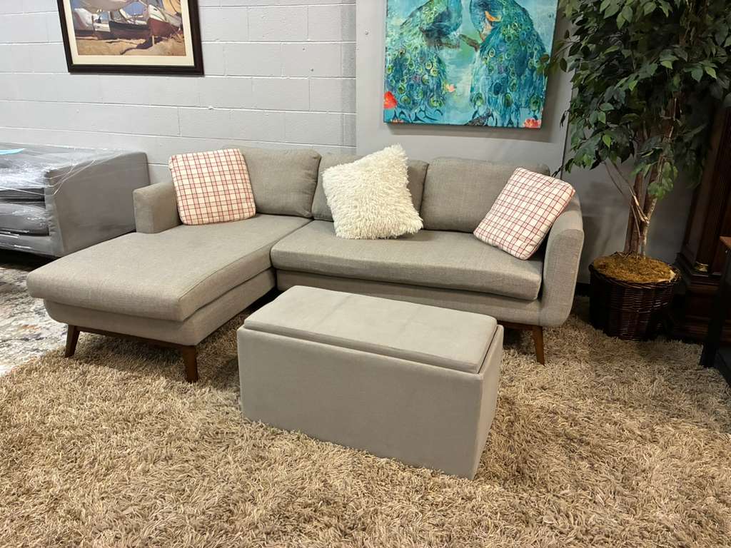 Mid-Century Modern Sectional Chaise + Matching Storage Ottoman Set