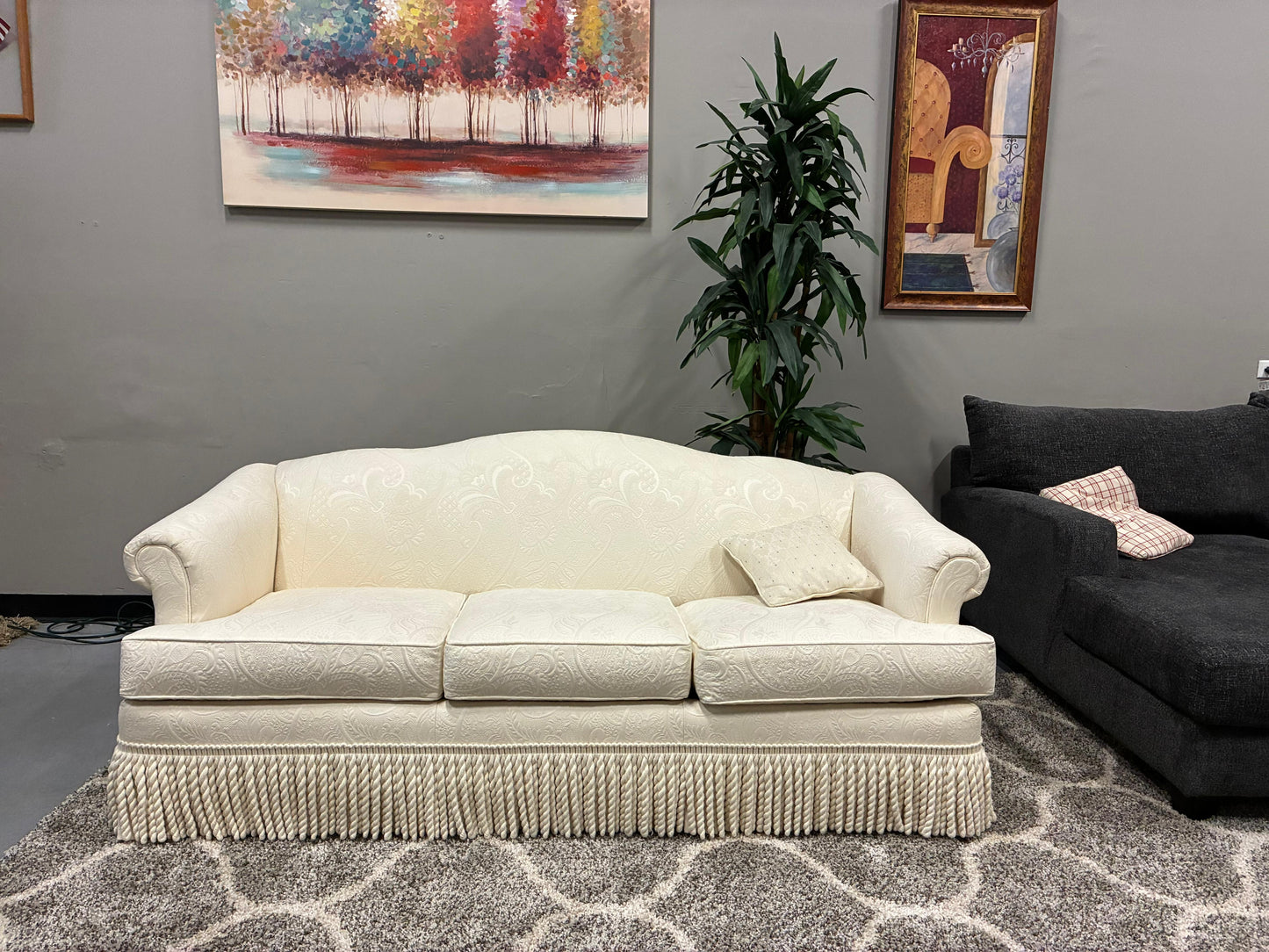 C.R. Laine Designer Sofa – Cream Damask with Decorative Fringe