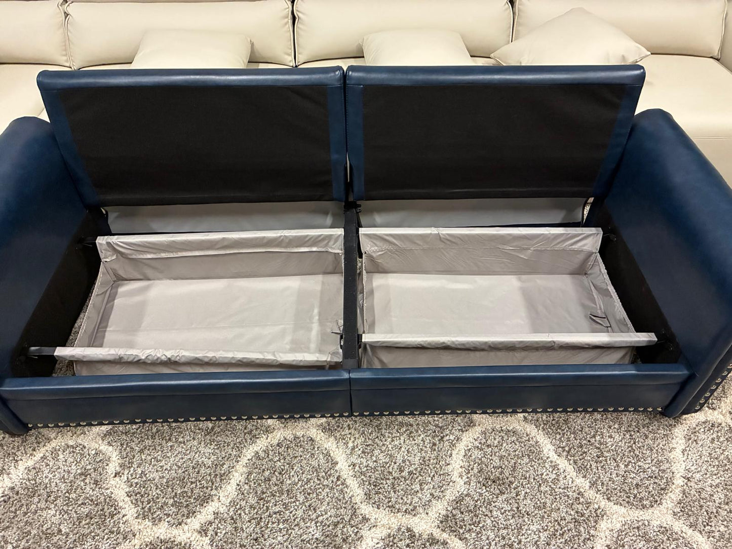 Navy Faux Leather Sofa – Nailhead Trim + Storage
