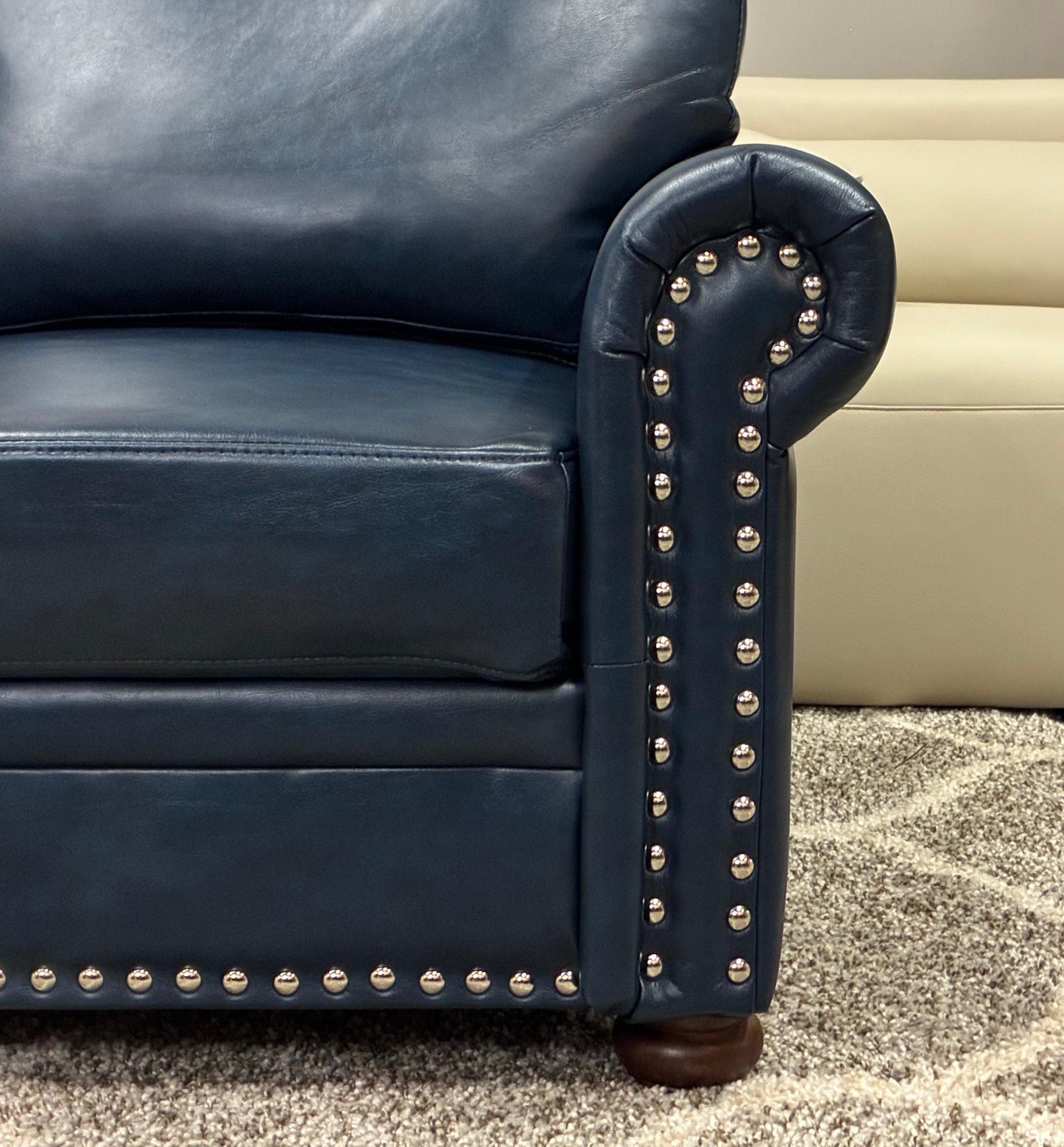 Navy Faux Leather Sofa – Nailhead Trim + Storage