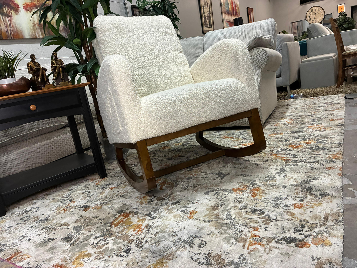 Modern Bouclé Rocking Chair – Walnut Base | Soft & Stylish