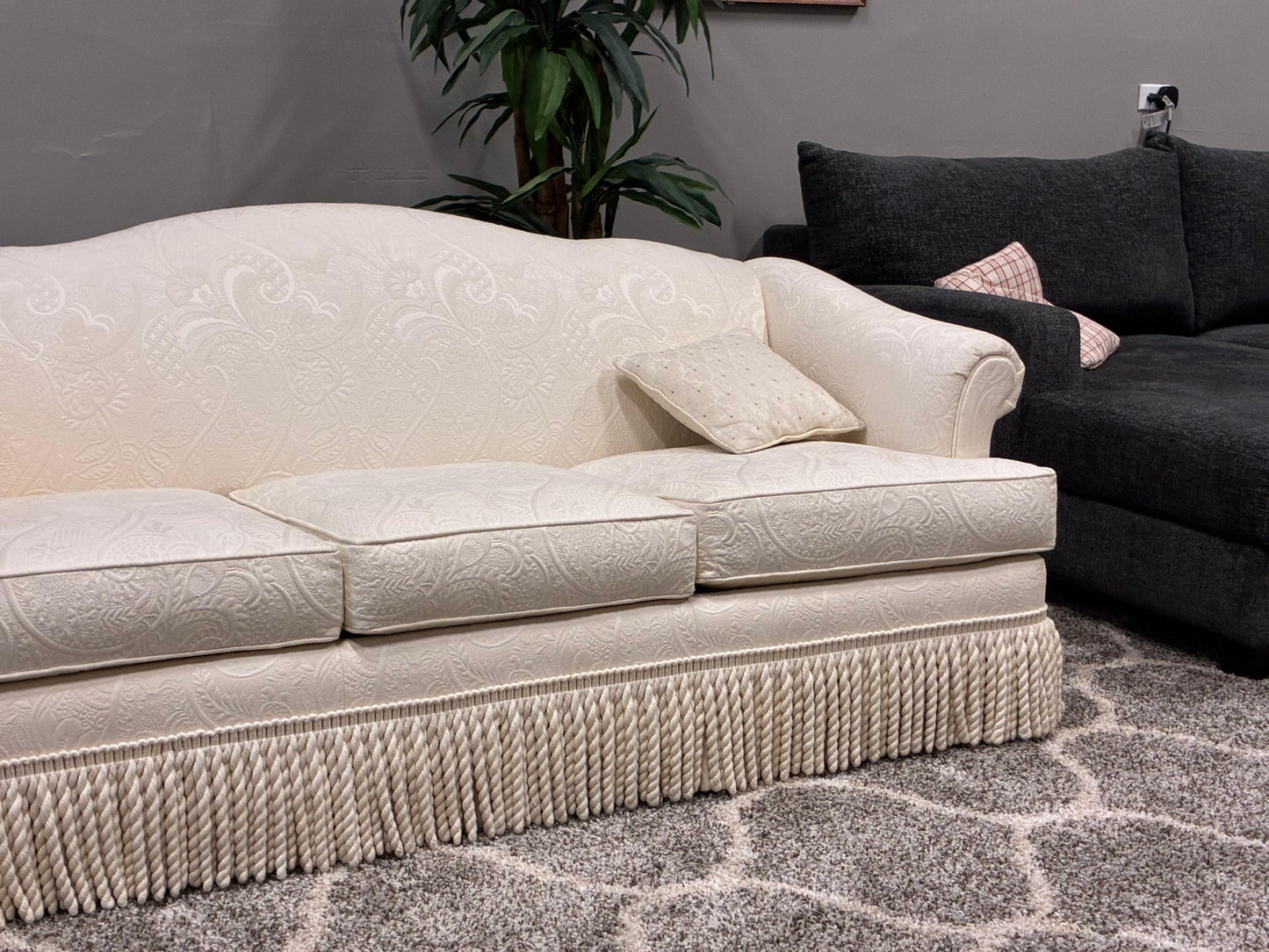 C.R. Laine Designer Sofa – Cream Damask with Decorative Fringe