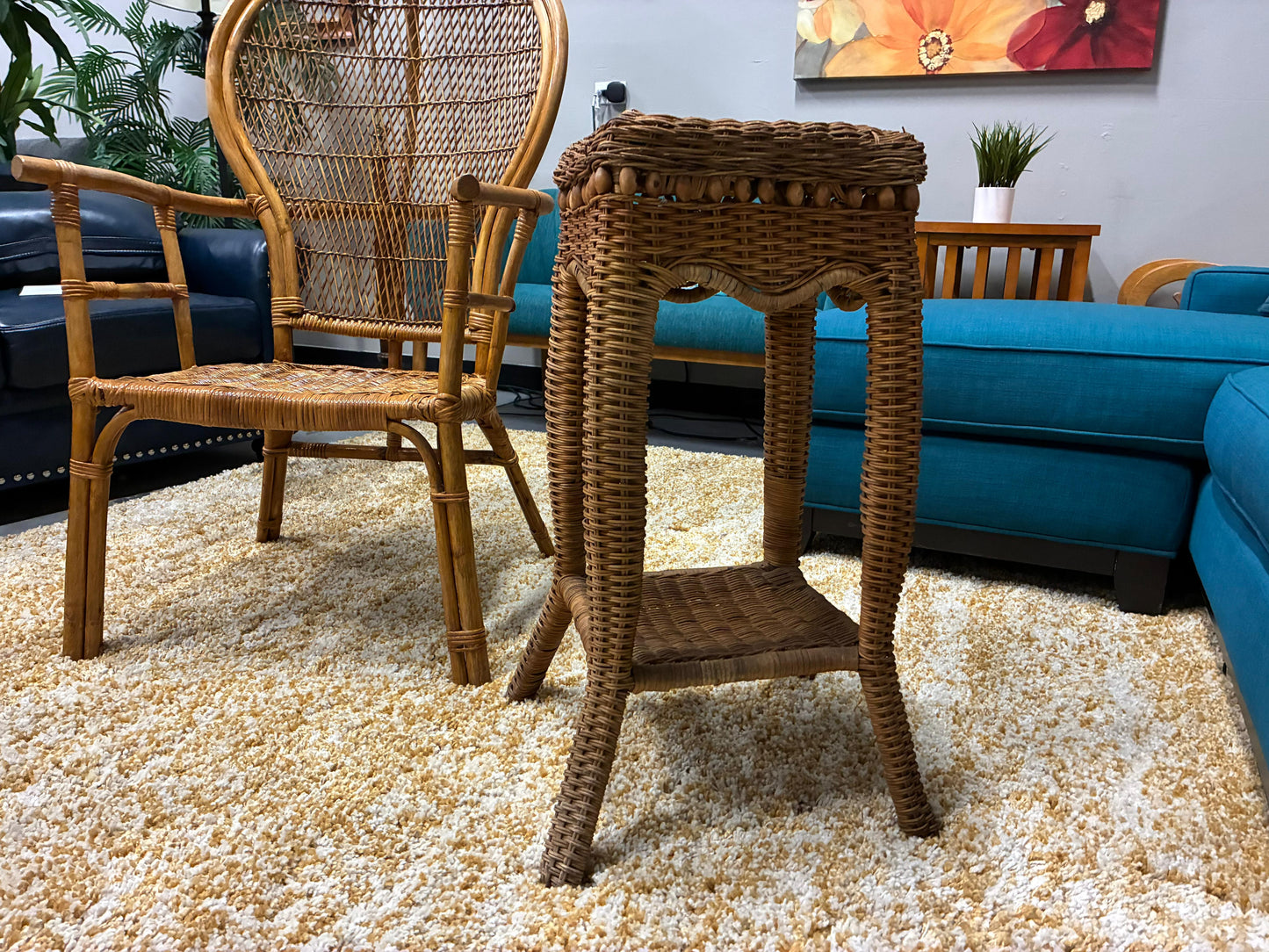 Boho Vintage Rattan Chair + Matching Wicker Accent Table